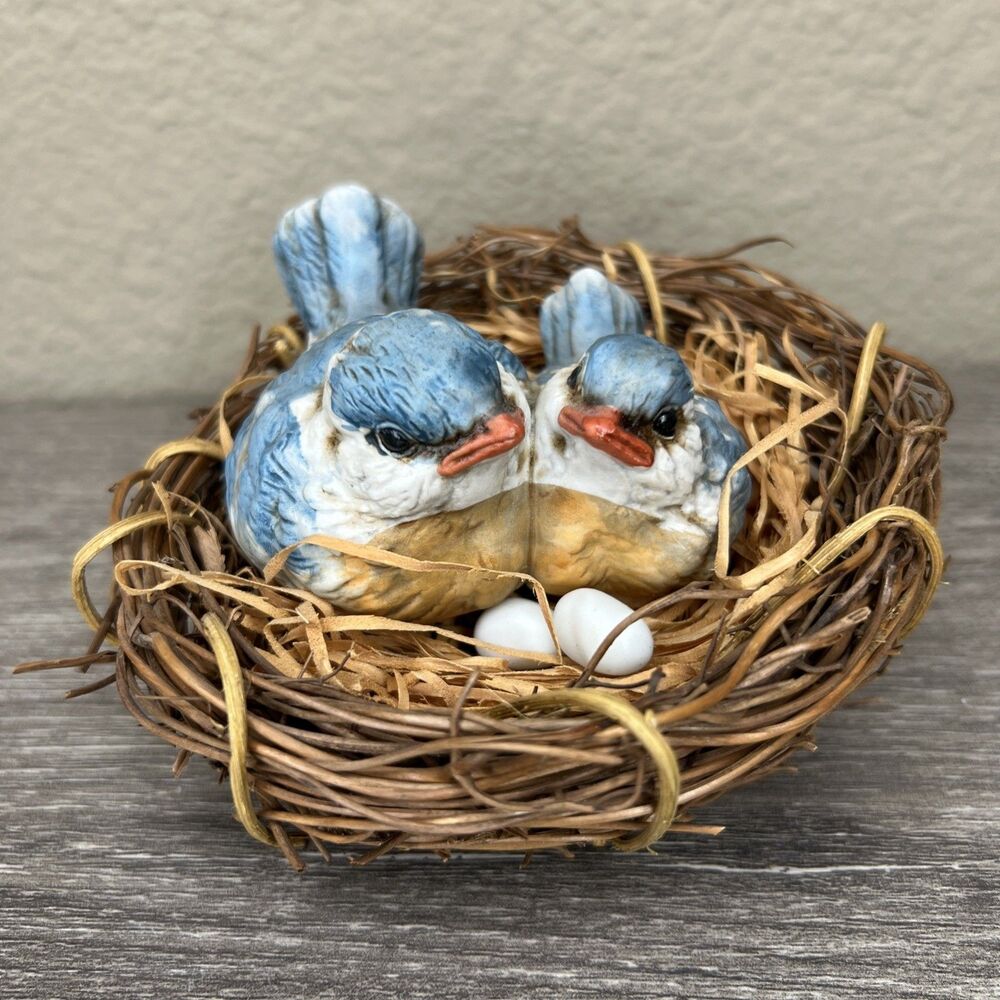 Vintage MEICO By Nat Blue Birds In Nest Porcelain Hand Painted With Eggs